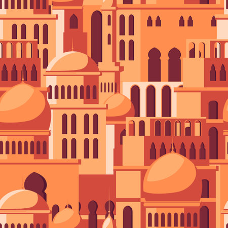 A pattern of Middle Eastern building facades in orange and red hues, vector illustration, on a solid background, concept of architecture. Vector illustrationのイラスト素材