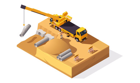Isometric construction site with crane, truck, worker, and concrete pipes on a white background. Vector illustration of a building concept. Vector illustrationのイラスト素材