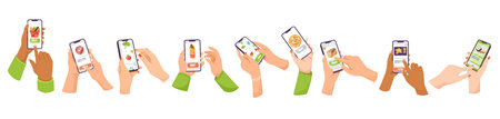 Hands holding phones with different food delivery options on screens, white background, concept of online ordering, Vector illustration. Vector illustrationのイラスト素材
