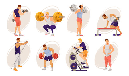 Man training gym set. Active strong men exercise equipment, lift dumbbell, weight. Weightlifter workout indoor. Exercise equipment activity. Vector illustrationのイラスト素材
