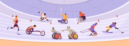 Athletes with disabilities competing in various sports on a purple background, concept of inclusivity and Paralympic Games, Vector illustration. Vector illustrationのイラスト素材