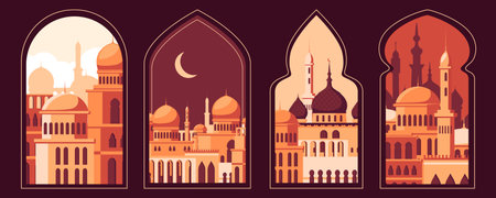 Four stylized windows showcasing different mosques with crescent moons, set against a dark red background, vector illustration of Islamic architecture. Vector illustrationのイラスト素材