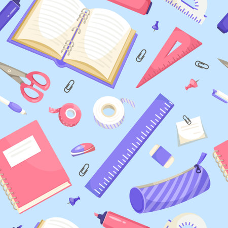 A pattern of various school supplies including a book, scissors, and pencils on a blue background, Vector illustration. Vector illustrationのイラスト素材