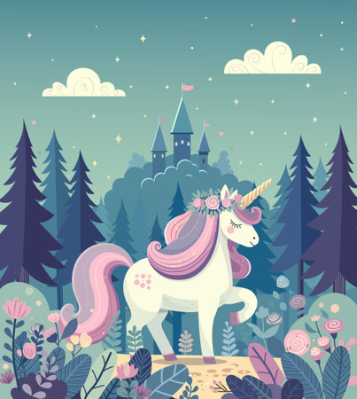An illustrated unicorn with a floral crown in a magical forest, castle in the backdrop, night scene, fairy tale concept, Vector illustration. Vector illustrationのイラスト素材