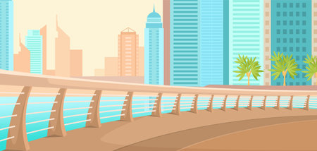 Stylized vector illustration of a cityscape with modern buildings, a bridge, and palm trees on a warm background. Urban architecture concept. Vector illustrationのイラスト素材