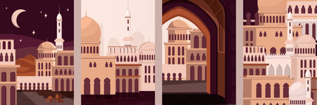 Middle Eastern cityscape at night with moon and stars, and a day view through an arch, vector illustration, twilight and daylight scenes. Vector illustrationのイラスト素材