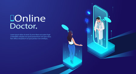 Isometric illustration of online medical consultation with patient and doctor, on a blue background with digital interface elements. Vector illustrationのイラスト素材