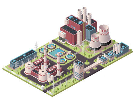 Nuclear energy, power station, ecology pollution, realistic design, industrial technology, environmental issue caused by toxic smoke. Reactor and factory building. Isometric vector illustrationのイラスト素材