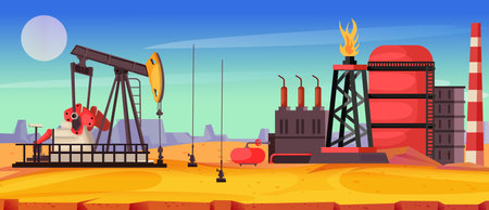 Oil production industry. Petroleum extraction, output and development. Mining operation. Modern oilwell. Pipeline tubing. Refining plant. Desert in background. Realistic design. Vector illustrationのイラスト素材