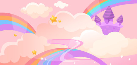 A whimsical fairy tale landscape with a castle on clouds, rainbow, and stars, in pastel hues on a pink background, evoking fantasy and magic. Vector illustrationのイラスト素材