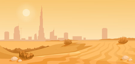 A vector illustration of a desert cityscape with skyscrapers and dunes on a light background, concept of urban desert. Vector illustrationのイラスト素材