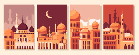 A set of four stylized illustrations of mosques in warm tones, depicting Islamic architecture against different times of day. Vector illustrationのイラスト素材