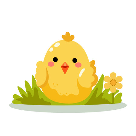 A cute, yellow chick cartoon sitting in green grass with a flower, vector illustration, on a white background, concept of spring. Vector illustrationのイラスト素材