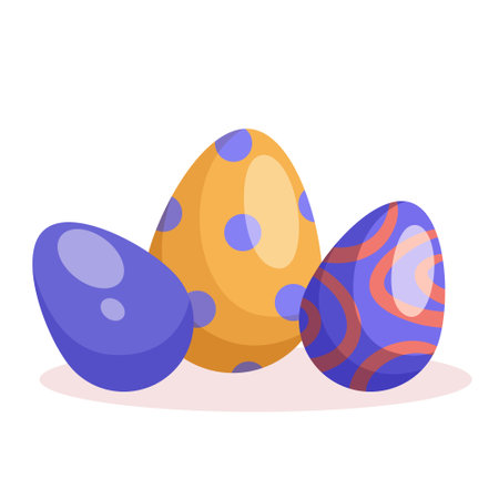 Three colorful Easter eggs with decorative patterns on a plain background, representing the Easter celebration, Vector illustration. Vector illustrationのイラスト素材