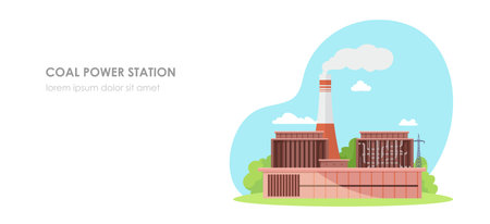 Vector illustration of a coal power station with smokestacks and industrial buildings on a light blue background. Vector illustrationのイラスト素材