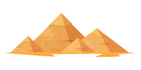 Three stylized mountains depicted in a minimalist vector illustration with a warm color palette, set on a plain background, symbolizing adventure and nature. Vector illustrationのイラスト素材