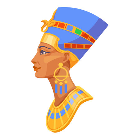 A colorful illustration of a profile of an Egyptian queen with traditional headdress on a plain background, concept of history. Vector illustrationのイラスト素材