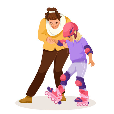 Adult teaching a child to roller skate, vector illustration, white background, learning concept. Vector illustrationのイラスト素材