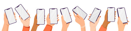 Vector illustration of diverse hands holding smartphones, flat style, white background, concept of communication. Vector illustrationのイラスト素材