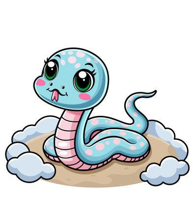 A cute cartoon snake with big eyes and polka dots, sitting on a patch of ground with clouds, vector illustration. Vector illustrationのイラスト素材
