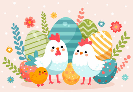Cartoon chickens with colorful Easter eggs and floral elements on a pink background, conveying the concept of Easter celebration. Vector illustrationのイラスト素材