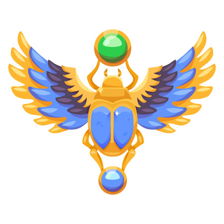 An illustration of a stylized golden scarab with wings and gemstones, vector illustration on a white background, concept of mythology. Vector illustrationのイラスト素材