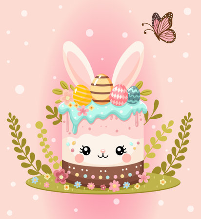 A cute cartoon illustration of a cake with bunny ears and Easter eggs, on a pink bokeh background with a butterfly, representing Easter celebration. Vector illustrationのイラスト素材