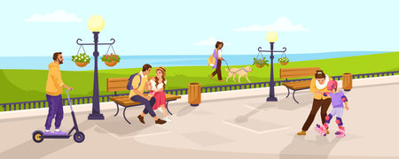People engaged in various activities at a park, vector illustration on a sunny outdoor background, concept of leisure and recreation. Vector illustrationのイラスト素材