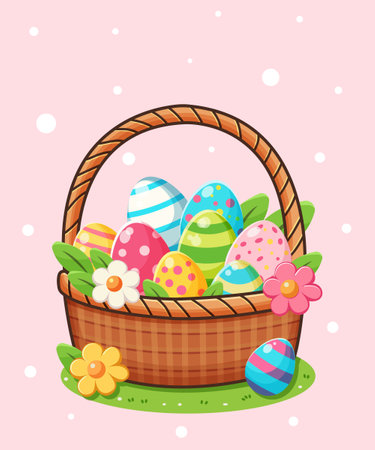 A basket filled with colorful Easter eggs and flowers, vector illustration, pink background, concept of Easter celebration. Vector illustrationのイラスト素材