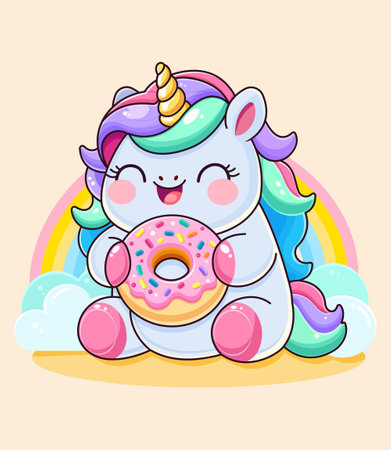 A cheerful unicorn cartoon holding a donut, with vivid colors and rainbow on a beige background, depicting cuteness and joy, Vector illustration. Vector illustrationのイラスト素材