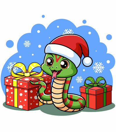 Cute cartoon snake wearing a Santa hat, with Christmas presents and snowflakes, on a blue background, holiday concept. Vector illustrationのイラスト素材