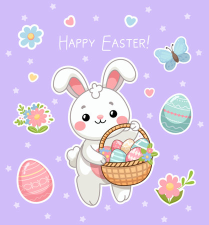 A cute cartoon bunny with a basket of Easter eggs on a purple background, celebrating the Easter holiday theme. Vector illustrationのイラスト素材