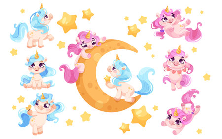 Cute unicorns with stars floating around a crescent moon, vector illustration on white background, depicting a whimsical fairy tale scene. Vector illustrationのイラスト素材
