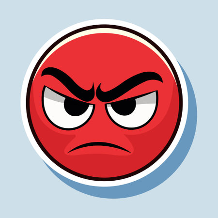 A cartoon of an angry red emoticon with furrowed eyebrows, against a plain blue background, embodying the concept of anger or frustration. Vector illustrationのイラスト素材