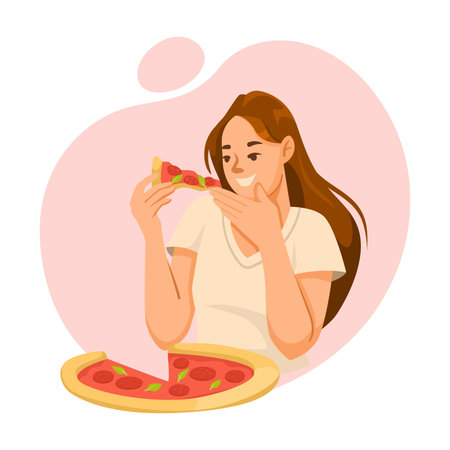 A woman enjoying a slice of pizza, vector illustration on a pink background, concept of food enjoyment. Vector illustrationのイラスト素材