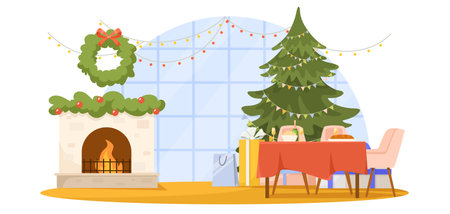 A cozy Christmas scene with a decorated tree, fireplace, gifts, and a festive dining setup against a large window backdrop, Vector illustration. Vector illustrationのイラスト素材