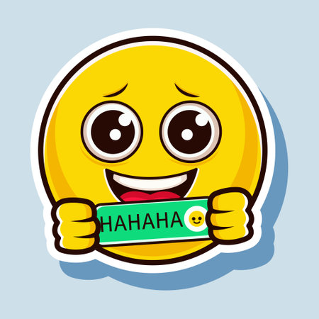 A laughing emoji sticker holding a HAHAHA sign, vector illustration on a blue background, depicting the concept of fun and laughter. Vector illustrationのイラスト素材