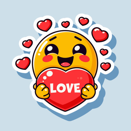 A smiling emoji holding a heart with the word LOVE surrounded by smaller hearts, vector illustration on a light blue background, depicting the concept of love and affection. Vector illustrationのイラスト素材