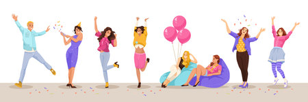 Group of happy animated characters celebrating, with confetti and balloons, vector illustration on a light background, concept of a party scene. Vector illustrationのイラスト素材