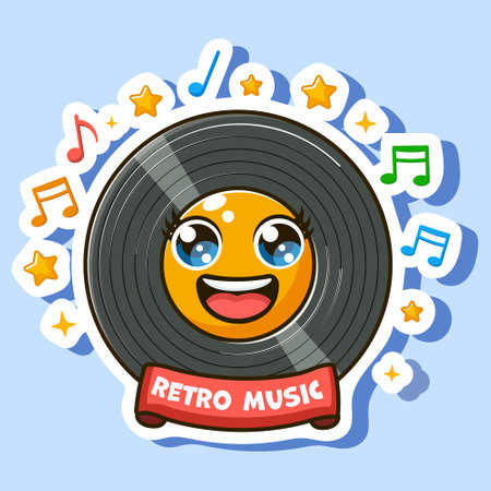 A happy vinyl record character surrounded by musical notes with a RETRO MUSIC banner, vector illustration on a blue background. Vector illustrationのイラスト素材