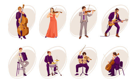 Vector illustration of musicians playing different instruments, in a flat graphic style, on a white background, illustrating a musical ensemble concept. Vector illustrationのイラスト素材