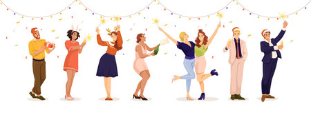 Group of people celebrating with drinks, festive attire, and sparklers, vector illustration on a white background, concept of a party or celebration. Vector illustrationのイラスト素材