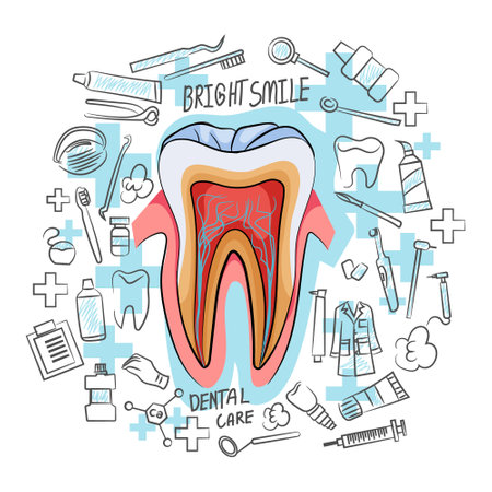 An artistic illustration of dental care with a central tooth and surrounding dental instruments on a light blue background. Vector illustrationのイラスト素材