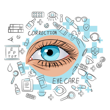 A detailed eye surrounded by various eye care icons on a white background, concept of vision health, Vector illustration. Vector illustrationのイラスト素材