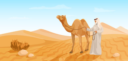 A man in traditional clothing leading a camel in the desert, flat illustration, clear sky background, travel concept. Vector illustrationのイラスト素材