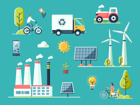 Renewable energy and sustainable practices illustrated with solar panels, wind turbines, and eco-friendly transportation icons on a turquoise background. Vector illustrationのイラスト素材