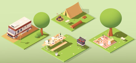 Various camping and picnic setups, isometric style on a light green background. Concept of outdoor activities and leisure. Vector illustrationのイラスト素材