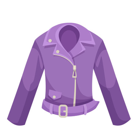 Purple leather jacket illustrated in a flat graphic style on a white background. Concept of fashion and apparel. Vector illustrationのイラスト素材