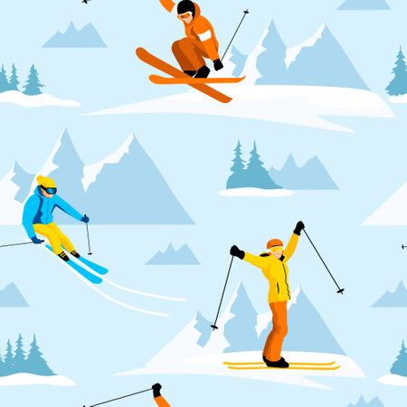 Skiers on slopes with mountains in background. Light blue backdrop. Winter sports activity. Vector illustrationのイラスト素材