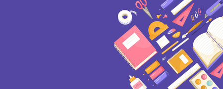 Various school supplies arranged on a purple background. Vector illustrationのイラスト素材